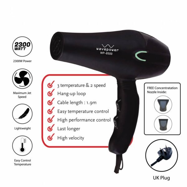 WAVE POWER WP-8500(V2) PROFESSIONAL IONIC HAIR DRYER LIGHTWEIGHT WAVE POWER WP-8500(V2) PROFESSIONAL IONIC HAIR DRYER LIGHTWEIGHT